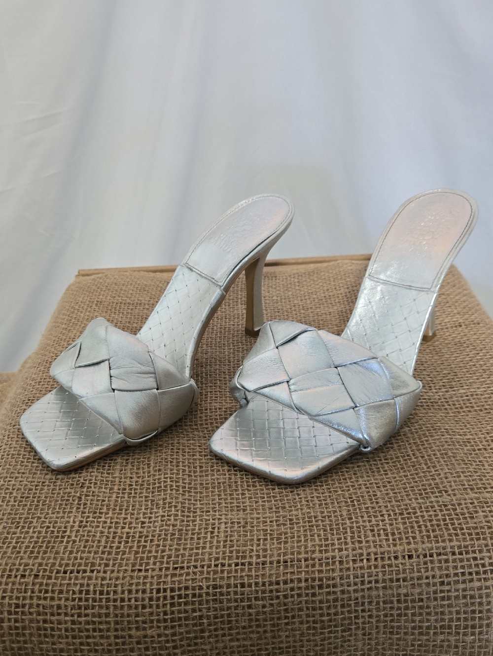 Vince Camuto Silver Woven Square-Toe High Heel Mules